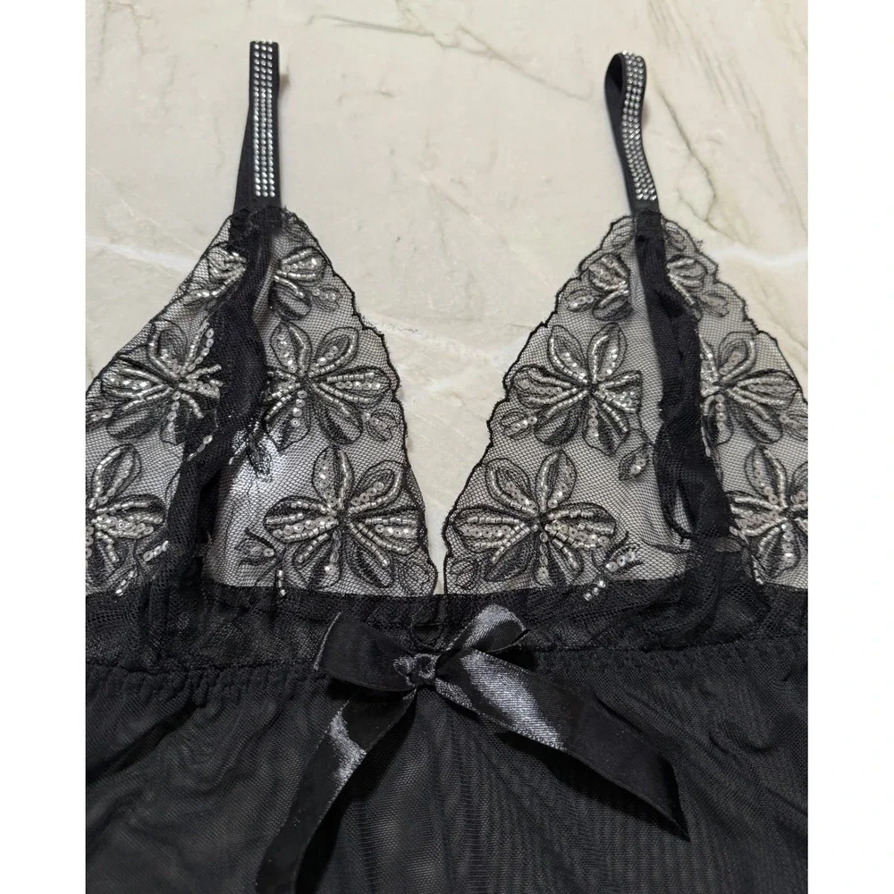 Black Sheer Mesh Babydoll Chemise Floral Lace Sequin Rhinestone Straps Size 2X